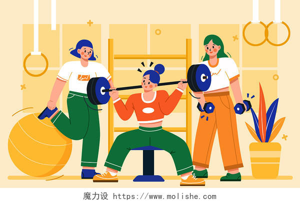 健身插画橙色系健身器材瑜伽举重人物组合扁平插画